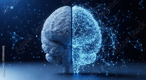 A digital brain with one side made of blocks and the other of glowing connections