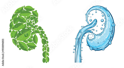 Stylized illustration of leaves transforming into flowing water droplets