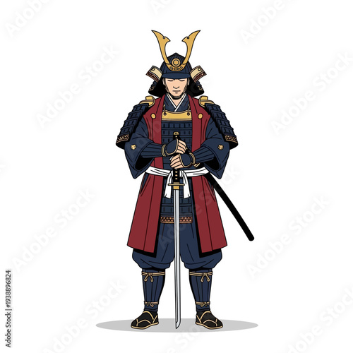 Samurai Warrior in Traditional Armor Holding Katana Sword, Full Body Portrait