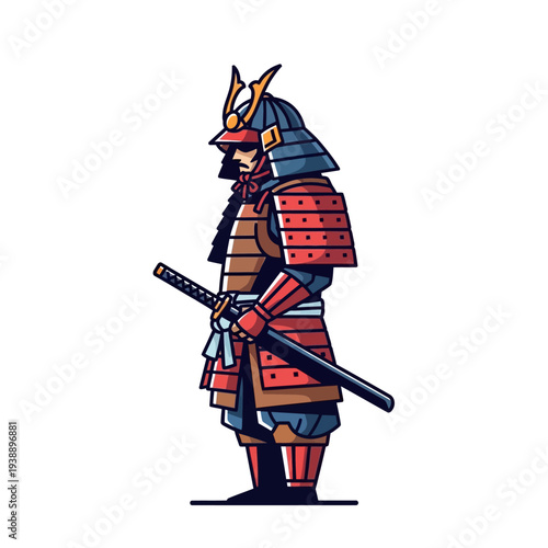 Samurai warrior in traditional armor with katana sword, standing pose, illustration
