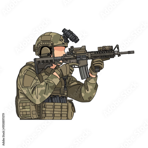 Soldier aiming assault rifle, tactical gear, military uniform, combat ready, focused on target