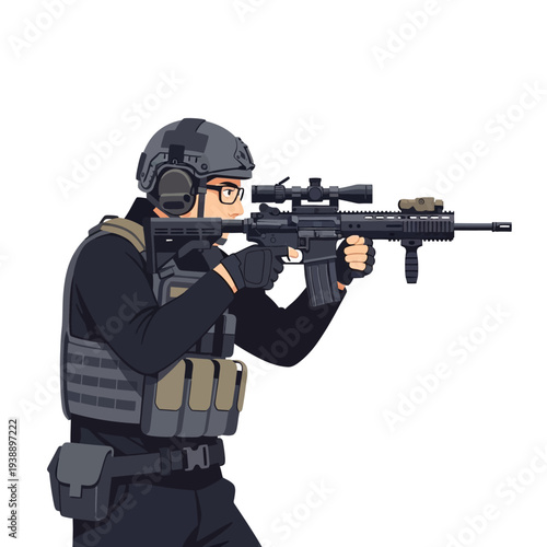 Soldier aiming rifle with scope, tactical gear, military, special forces, combat, action, illustration