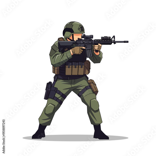 Soldier aiming rifle, tactical gear, military uniform, combat readiness, action pose
