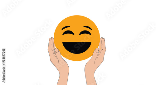 Hands presenting a cheerful laughing emoji on a white background