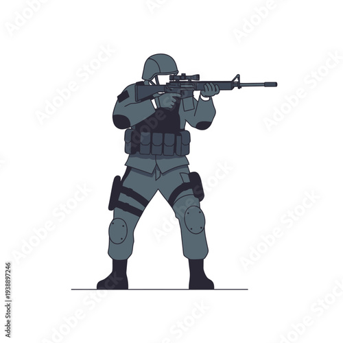 Soldier aiming rifle, tactical gear, military, special forces, action pose, white background