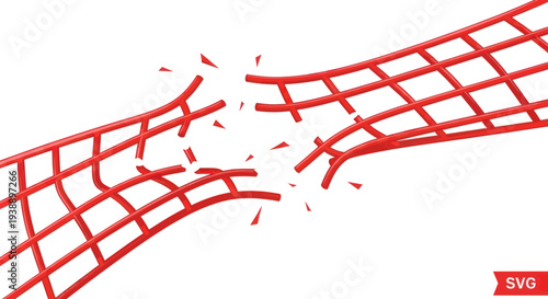 Broken Red Mesh Network Grid, Connection Failure, Data Breach, System Collapse