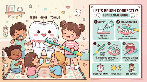 Children Learning Proper Tooth Brushing Technique Fun Dental Guide