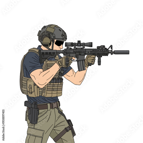 Special forces soldier aiming rifle with scope and suppressor, tactical gear, combat readiness
