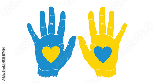Two hands forming hearts with the colors of the ukrainian flag