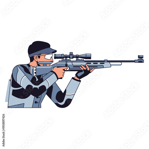 Sports Shooter Aiming Rifle with Scope, Competitive Target Shooting, Precision Sport