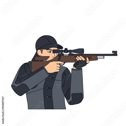 Sports Shooter Aiming Rifle with Scope, Focus and Precision