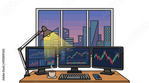 A professional trading desk setup with three monitors displaying financial market data and charts, overlooking a city skyline at night.