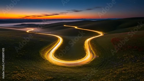 Winding road with light trails at sunset over rolling hills.