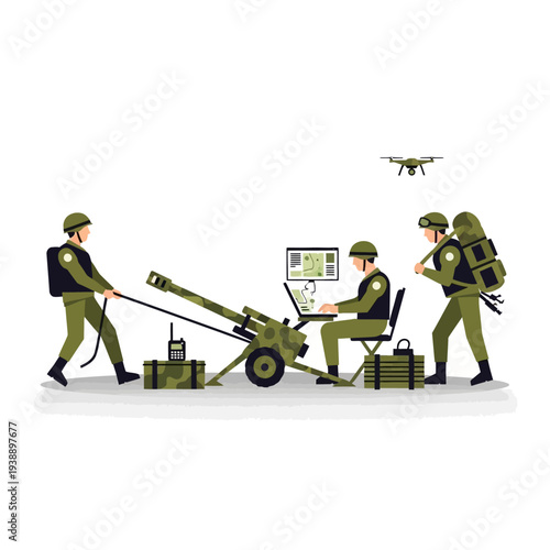 Military drone operation with artillery and soldiers using technology for warfare