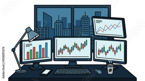 A professional trading desk setup with multiple monitors displaying financial market data and charts, indicating active stock analysis and investment.