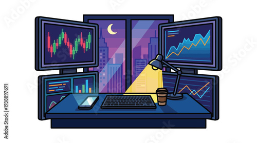 A detailed illustration of a night trading desk with multiple monitors displaying financial charts, a keyboard, a smartphone, and a city view.
