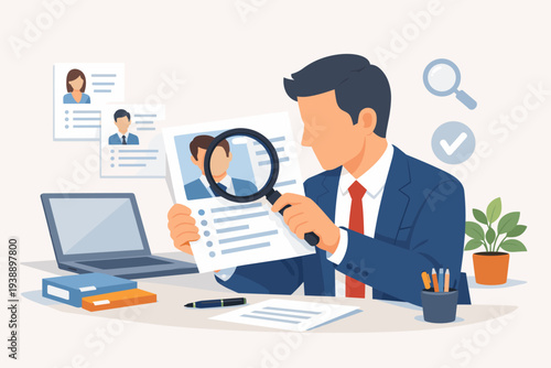HR Manager Reviewing Candidate Resumes with Magnifying Glass, Human Resources Professional Hiring New Employees, Talent Acquisition and Recruitment Process, Job Search and Employment Illustration.