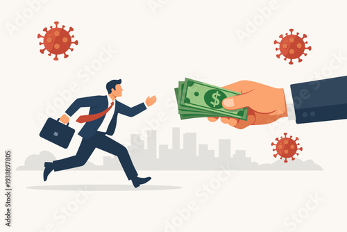 Businessman running to catch money from a giant hand representing government economic stimulus package, financial aid, and relief fund during the coronavirus pandemic crisis for business recovery.