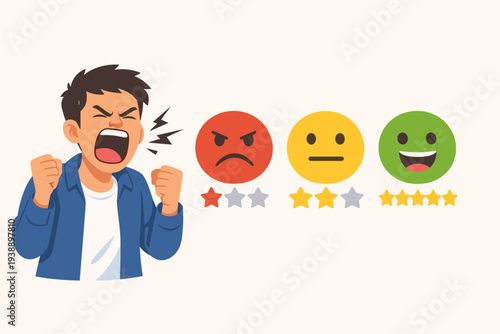 Angry Man Shouting and Giving Negative Feedback with One Star Rating Emoticon, Customer Satisfaction Survey Concept, Service Quality Evaluation, User Experience Opinion and Emotional Reaction