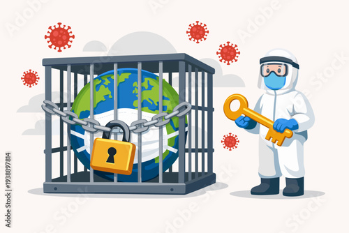 Doctor in Hazmat Suit Holding Golden Key to Unlock Earth in Cage with Padlock and Chains, Concept of Ending COVID-19 Global Pandemic Lockdown, Quarantine and Coronavirus Vaccine Solution