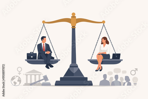 Gender Equality and Workplace Fairness Concept with Man and Woman Balanced on Scales of Justice, Representing Equal Pay, Diversity, Corporate Inclusion, Legal Rights, and Professional Opportunity.