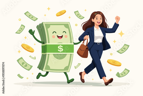 Successful Businesswoman Walking with a Smiling Stack of Cash Character, Celebrating Financial Freedom, Wealth, High Income, Salary Increase, Investment Success, and Rich Lifestyle Concept.
