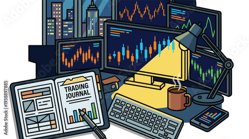An illustration of a modern trading desk setup with multiple monitors displaying financial charts, a trading journal, and a city skyline in the background.