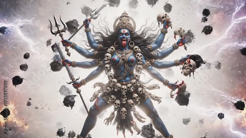 Fierce Goddess Kali with Multiple Arms and Skull Garland ornaments amid fiery cosmic backdrop