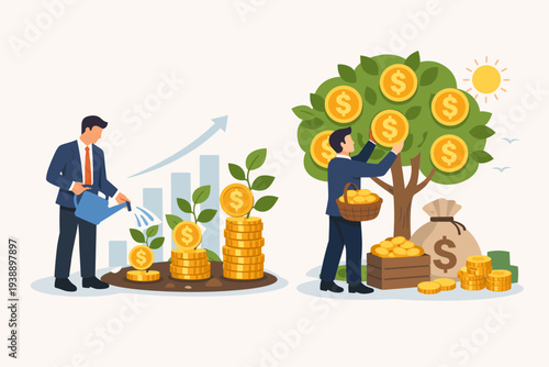 Businessman watering money plants and harvesting coins from a money tree, representing investment growth, wealth management, passive income, financial success, and capital gain strategy concept.
