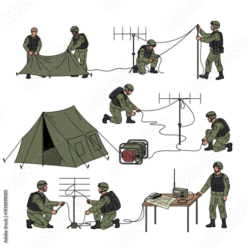 Military personnel setting up a field communication station and tent