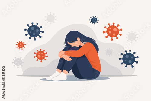 Depressed woman sitting alone and feeling isolated during COVID-19 coronavirus pandemic, concept of mental health issues, anxiety, stress, and solitude caused by social distancing and lockdown.