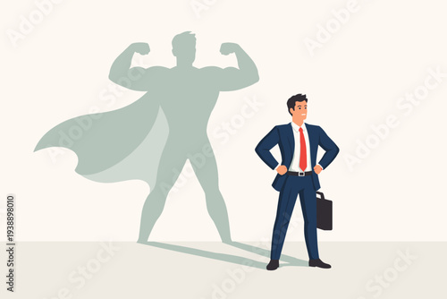 Confident businessman standing with a powerful superhero shadow behind him, symbolizing inner strength, leadership, professional motivation, and the potential to achieve great career success.