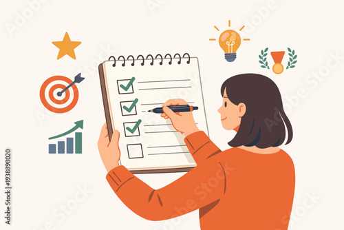 Woman evaluating her progress with a checklist for self-assessment and personal development. Vector illustration featuring icons for goals, success, ideas, and growth for career improvement.