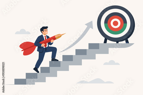 Ambitious businessman climbing stairs with a giant dart to reach a target board. Concept of business success, career growth, achieving goals, motivation, and strategic planning for development.