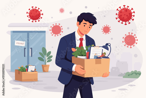 Sad Businessman Carrying Box of Office Belongings After Losing Job Due to COVID-19 Pandemic, Unemployment Concept with Closed Business Door and Floating Coronavirus Particles in Background