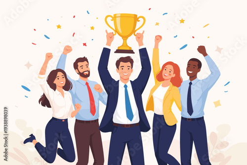 Successful Business Team Celebrating Victory and Achievement with a Gold Trophy, Diverse Group of Professionals Cheering for Leadership, Career Growth, and Corporate Success in Office.