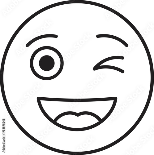 Simple black and white line art icon illustrating a happy winking face emoji symbol with an open mouth
