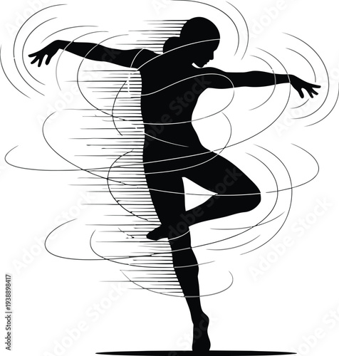 Dynamic silhouette of a dancer performing a graceful pirouette surrounded by swirling lines symbolizing movement and energy