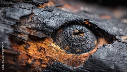 Wallpaper Mural Macro View of Charred Wood Knot, Resembling a Fiery Eye Amidst Burnt Timber Textures. Torontodigital.ca