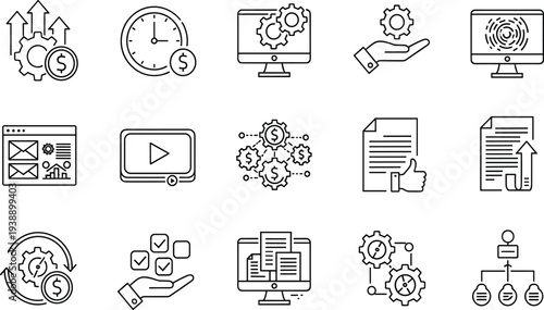 Business management icons, financial growth charts, technical gear settings, strategic planning symbols, data analysis, organizational structure, corporate workflow optimization, productivity set.