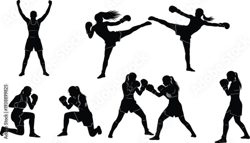 Black silhouette of female boxers and kickboxers in various athletic poses including punching, kicking, and celebrating on white