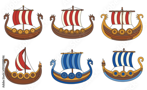 Cartoon Viking ship clipart, showcasing boat illustrations on transparent background for educational materials, storytelling, games, and creative vector design.