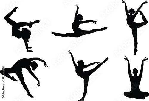 Black silhouette of female gymnasts and yoga practitioners in various athletic poses, including splits, handstands, and stretching on white background