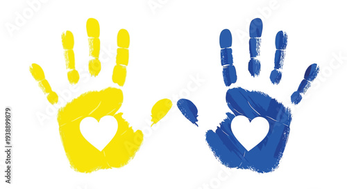 Yellow and blue handprints forming hearts representing ukrainian solidarity