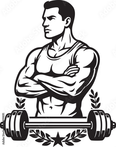 An illustration of a muscular man posing confidently with crossed arms above a barbell, representing the strength and dedication of fitness and bodybuilding.