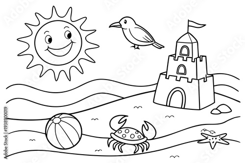 Beach Fun Coloring Page for Kids - Sandcastle, Crab, Seagull Summer Line Art
