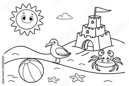Beach Fun Coloring Page for Kids - Sandcastle, Crab, Seagull Summer Line Art