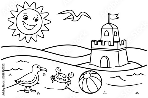 Beach Fun Coloring Page for Kids - Sandcastle, Crab, Seagull Summer Line Art