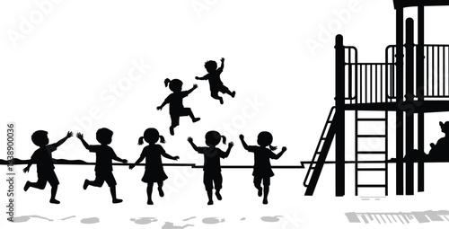 Black silhouette of happy children jumping and running at outdoor park playground near climbing structure during summer school break for fun