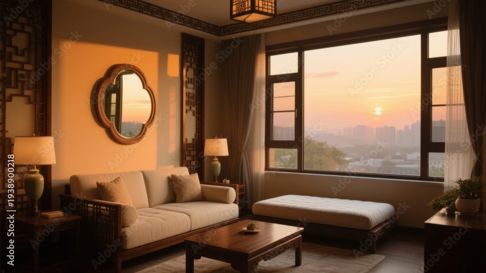Fototapeta premium Cozy living room with traditional decor and sunset view through large window